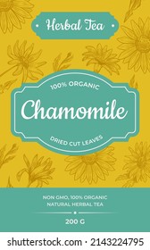 Organic And Natural Drink, Herbal Tea 100 Percent Healthy And Non Gmo. Chamomile Leaves And Flowers, Aromatic Beverage For Relaxing And Stress Relief. Package Label Or Logo. Vector In Flat Style