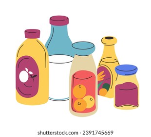Organic and natural drinks, isolated bottles with healthy beverages. Milk and fruit liquors. Eating and dieting, nourishment and nutrition products for balanced consumption. Vector in flat style