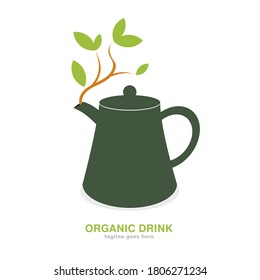 organic natural drinks logo design vector consists of teapot, plant and leaves
