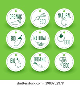 Organic, natural, eco and bio food labels set. Vector illustration of stickers