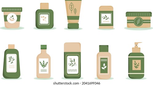 Organic, natural, eco-friendly cosmetics. Set of bottles, jars and tubes wit herbal decoration. Plant-based cosmetics. Cream, mask, shampoo, soap, lotion, balm. Vector illustration in flat style. 