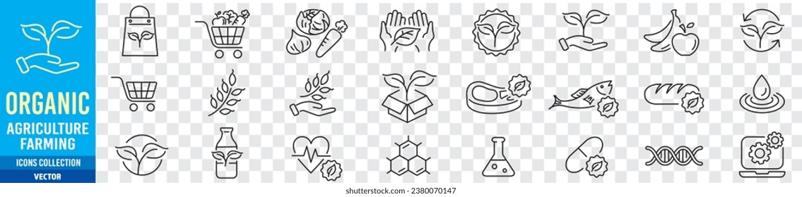 Organic Natural Farming Vegetarian Vegan Food Agriculture  icon set collection vector editable stroke.