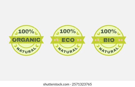 Organic and natural food emblem, eco, bio stickers in green colors in grunge style.