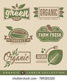Organic natural food labels and stickers collection. Vegetables and green products logo designs and emblems set. 