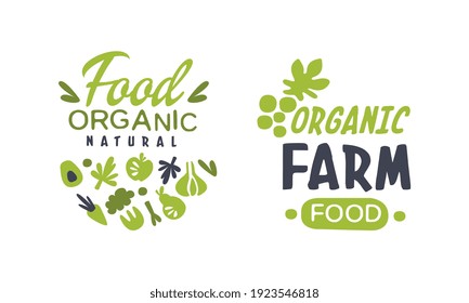 Organic Natural Food Logo Templates, Farm Products Labels, Premium Quality Vegan Food Vector Illustration