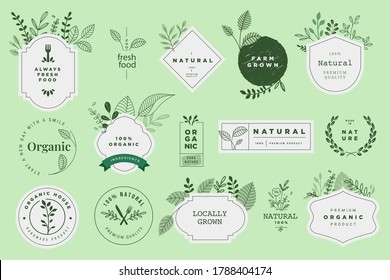 Señales de alimentos y productos orgánicos y naturales. Ilustraciones vectoriales para la promoción de productos, diseño de envases, diseño web, presentación de negocios, material de marketing.