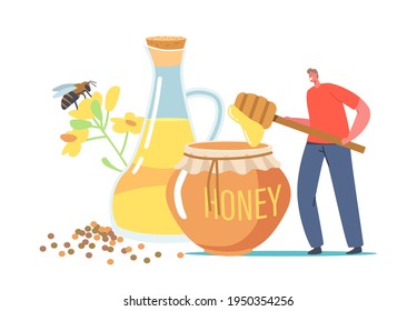 Organic Natural Food, Tiny Beekeeper Character Holding Huge Dipper with Rapeseed Canola Honey near Glass Jar with Oil. Male Character Extract Bee Production for Eating. Cartoon Vector Illustration