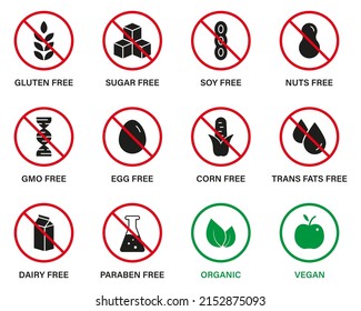 Organic Natural Food for Vegan Symbol. Silhouette Set Black Icon. Sugar, GMO, Dairy, Nitrates, Trans Fat, Sugar, Soy, Sugar, Corn, Milk, Paraben and Gluten Forbidden Sign. Vector Illustration.