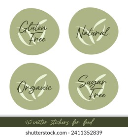 Organic Natural Gluten Sugar Free vector icon. Food sticker set. Green isolated label. Symbol for product, allergy, diet, healthy eating, design element, sign