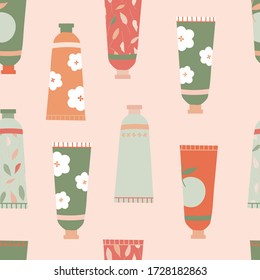 Organic natural hand creams seamless repeat pattern for wrapping paper, wallpaper, background.