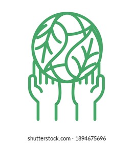 organic natural, hands world leaf green line style vector illustration