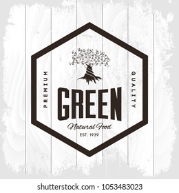 Organic natural and healthy farm fresh food retro emblem. Vintage olive tree logo isolated on white wood board background. Premium quality loft grunge threadbare wood texture illustration mock up.
