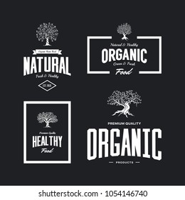 Organic natural and healthy farm fresh food retro emblem set. Olive tree vintage old logo badge isolated on dark background. Premium quality green plant organic fashion logotype illustration design.