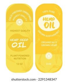 Organic and natural hemp oil, isolated labels or emblems for packages. Pure and cold pressed unrefined liquid. High quality plant powered nutrition. Organically grown pack. Vector in flat style