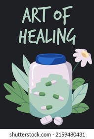 Organic natural and herbal medicine banner or card layout. Alternative homeopathy health treatment, organic cure and aromatherapy, flat vector illustration.