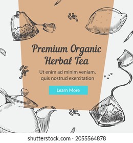 Organic and natural herbal tea assortment in shop, store with teabags and flavors. Citrus lemon and kettle with warm water. Promotional banner, poster with discounts and sales. Vector in flat style