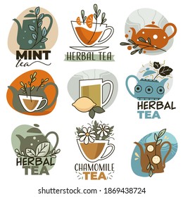 Organic and natural herbal tea with different flavors. Kettle and cup with aromatic beverage. Mint and lemon, tasty and delicious chamomile drink. Isolated emblems or labels. Vector in flat style