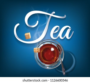 Organic natural hot tea at breakfast and lunch. Glass of detox black tea from plant of Assam and Ceylon. Cozy morning tea for health. Vector cup of tea isolated on blue background.