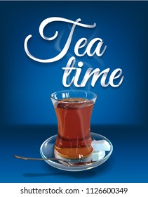 Organic natural hot tea at breakfast and lunch. Glass of detox black tea from plant of Assam and Ceylon. Cozy morning tea for health. Vector cup of tea isolated on blue background.