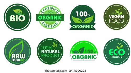 Organic Natural icon badges, eco Friendly, 100% organic, vegan food, raw food