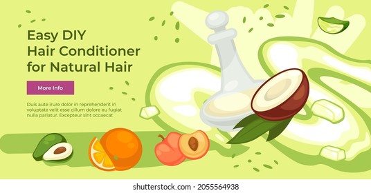 Organic and natural ingredients for DIY hair conditioner. Do it yourself cosmetics at home using coconut, avocado, apricot and orange. Cosmetology and care, moisturizing treatment. Vector in flat