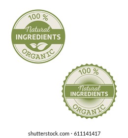 Organic natural ingredients product green beige labels vector set with leaves