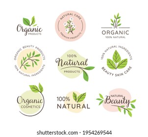 Organic and Natural label collection. Natural cosmetic emblems. Skin Care, organic beauty products. Vector illustration.