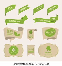 organic natural label and tag bannner. badge and ribbon green color.