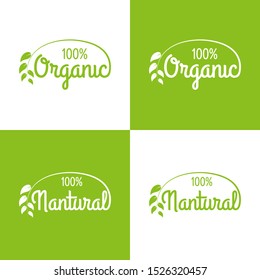 Organic and natural logo or label set. Healthy food and product icons with green leaf. Vector illustration.