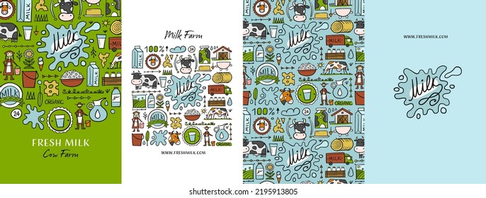 Organic natural milk farm. Set of 4 concept art for your design project - cards, banners, poster, web, print, social media, promotional materials. Vector illustration