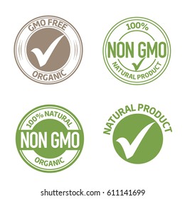 Organic natural non gmo product brown and green labels vector set with ticks