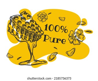 Organic and natural product, 100 percent natural honey ingredient for cooking desserts. Tasty food for healthy balanced dieting. Promotional banner, advertisement poster. Vector in flat style