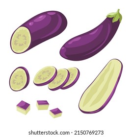 Organic and natural product for cooking and preparing dishes, isolated aubergine or eggplant cut in pieces and slices. healthy dieting and nutrition, vegan and vegetarian lifestyle vector in flat