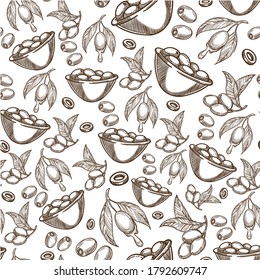 Organic natural product for food cooking and meal preparing, olives seamless pattern. Harvesting of plant, branches with berries and foliage left. Monochrome sketch outline, vector in flat style