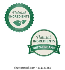 Organic natural product green beige labels vector set with leaves