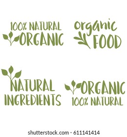 Organic natural product green hand drawn labels vector set with leaves 