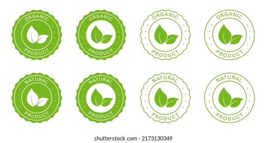 Organic Natural Product Icon Set. Healthy Eco Green Label. Bio Food Logo. 100 Percent Ecology Product Vegan Food Stamp. Natural Product Symbol. Ecology Sign. Isolated Vector Illustration.