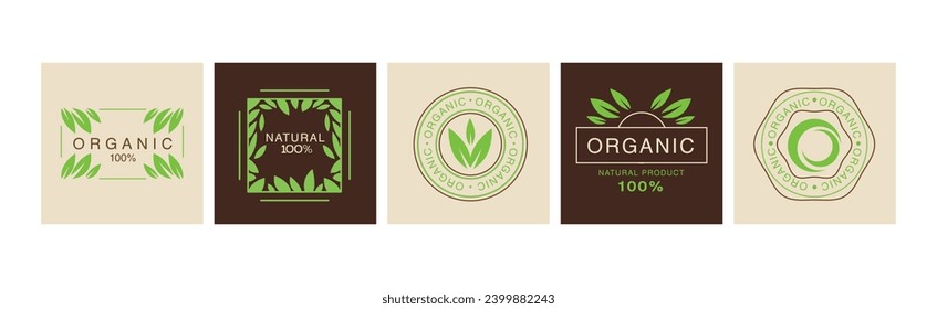 Organic and Natural Product Labels and Emblem with Green Leaf Vector Set