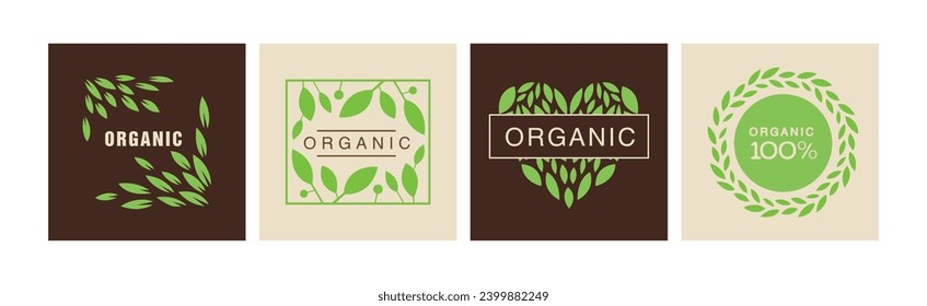 Organic and Natural Product Labels and Emblem with Green Leaf Vector Set