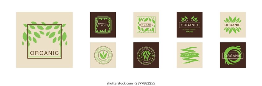 Organic and Natural Product Labels and Emblem with Green Leaf Vector Set