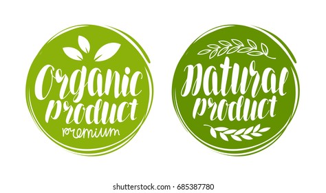 Logotipo ou etiqueta do produto natural e orgânico. Elemento para menu de design restaurante ou café. Letras manuscritas, ilustração vetorial de caligrafia