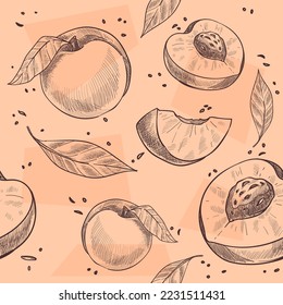 Organic and natural product, peaches hanging on branches of tree. Tasty and ripe meal from garden. Nectarines seamless pattern or print, wallpaper background monochrome sketch. Vector in flat style