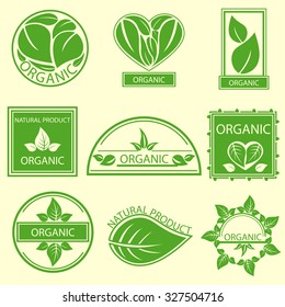Organic natural products emblems, sheet logo, elements flora, labels, set for food and drink, restaurants. Vector illustration