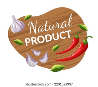 Organic and natural products, isolated vegetables and herbs. Garlic and pepper, basil leaves complement and seasoning to food. Dishes and meal preparing, farm ingredients. Vector in flat style