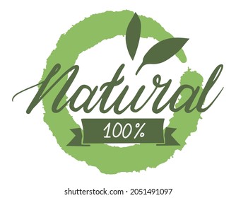 Organic and natural products, safe and environmentally friendly. 100 percent guarantee, composition with leaves and circle with ribbon. Label or banner, emblem or logotype. Vector in flat style