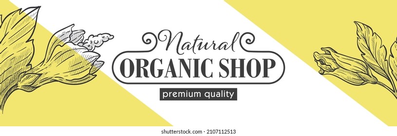 Organic and natural products in shop, premium quality of assortment. Banner with decorative flora and botany, monochrome sketch of plants and calligraphy. Advertisement poster vector in flat