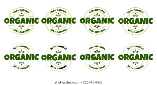 Organic and natural products sticker, label, badge. Logo template with green leaves for organic and eco friendly products. Vector illustration