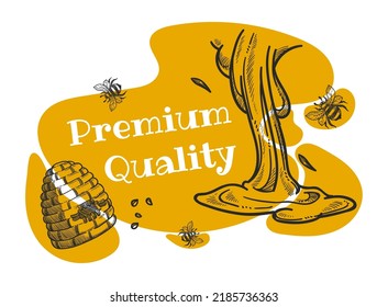 Organic and natural raw bee honey, premium quality ingredient for cooking or preparing desserts. Tasty meal for healthy dieting. Promotional banner, advertisement poster. Vector in flat style
