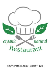 Organic natural restaurant icon logo with a chefs toque or hat over a crossed spoon and fork with green leaves and text on a white background