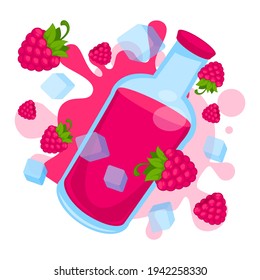 Organic and natural smoothie or juice of raspberries poured in glass bottle. Isolated refreshing beverage with ice cubes. Product for summer and heat, exotic drinks menu. Vector in flat style